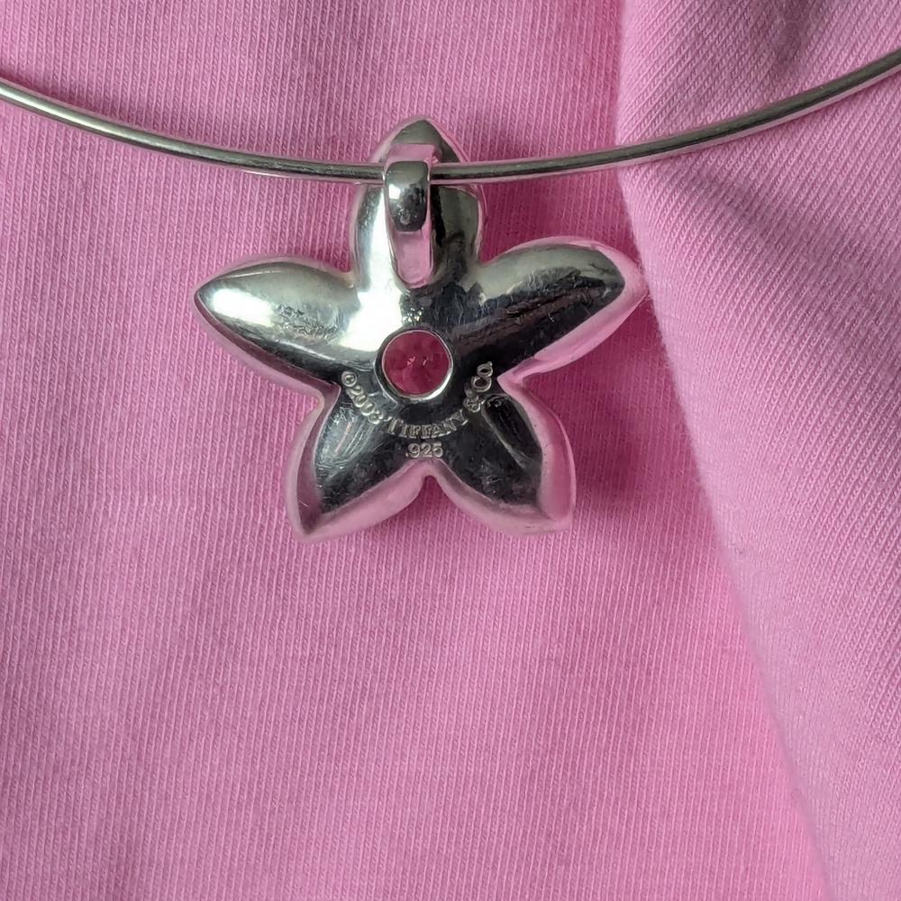 TIFFANY & CO Sterling Silver Pink Tourmaline Flower Pendant Choker Necklace 2003 - Picture 10 of 15